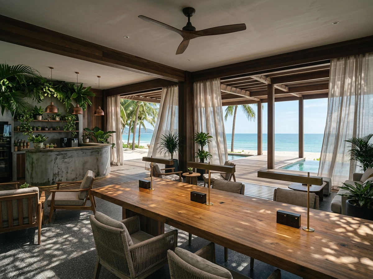 Concept view of the rest lounge: low seating, work tables, and greenery opening toward the beach